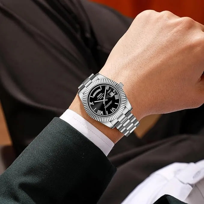 Relógio Nibosi Masculino 2628 Com Pulseira de Aço Inoxidável Prata e Visor Preto