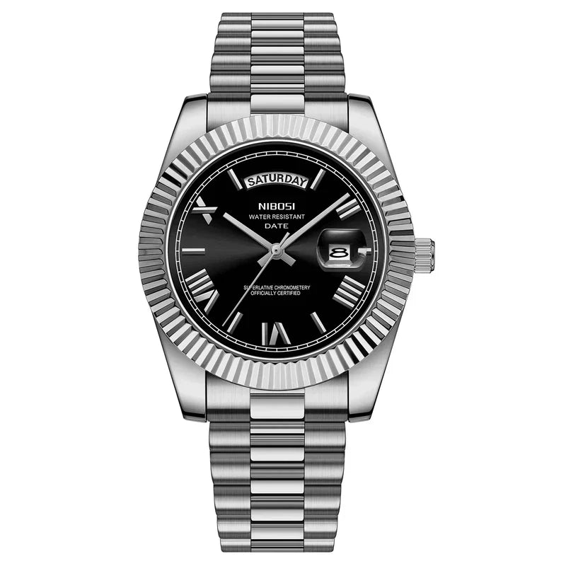 Relógio Nibosi Masculino 2628 Com Pulseira de Aço Inoxidável Prata e Visor Preto