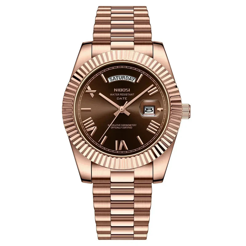 Relógio Nibosi Masculino 2628 Com Pulseira de Aço Inoxidável Rosé Com Visor Marrom