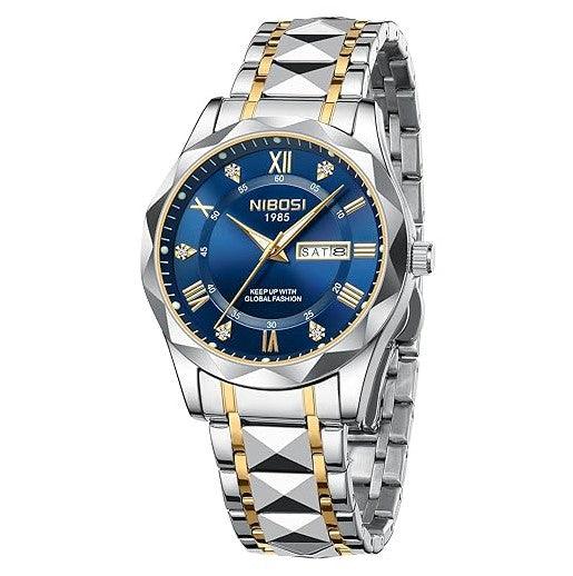 Relógio masculino Nibosi Arkos em aço inoxidável com mostrador azul e numerais romanos, pulseira metálica ajustável