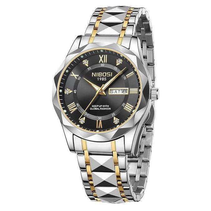 Relógio masculino Nibosi Arkos em aço inoxidável com mostrador preto e numerais romanos, pulseira metálica ajustável