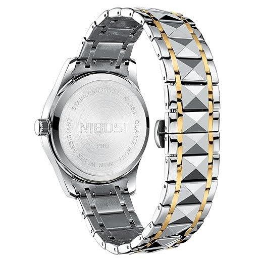 Detalhe da pulseira metálica do relógio Nibosi Arkos com fecho de segurança ajustável