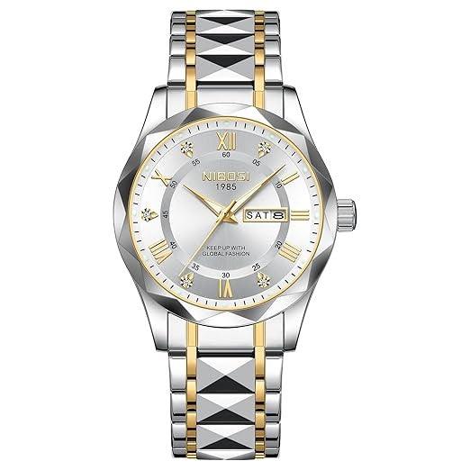Relógio masculino Nibosi Arkos em aço inoxidável com mostrador branco e numerais romanos, pulseira metálica ajustável