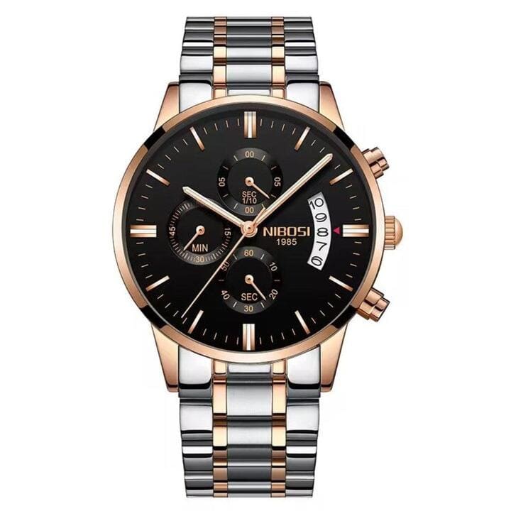 Relógio Nibosi Masculino 2309 Com Pulseira de Aço Inoxidável Prata e Rosê Com Visor Preto