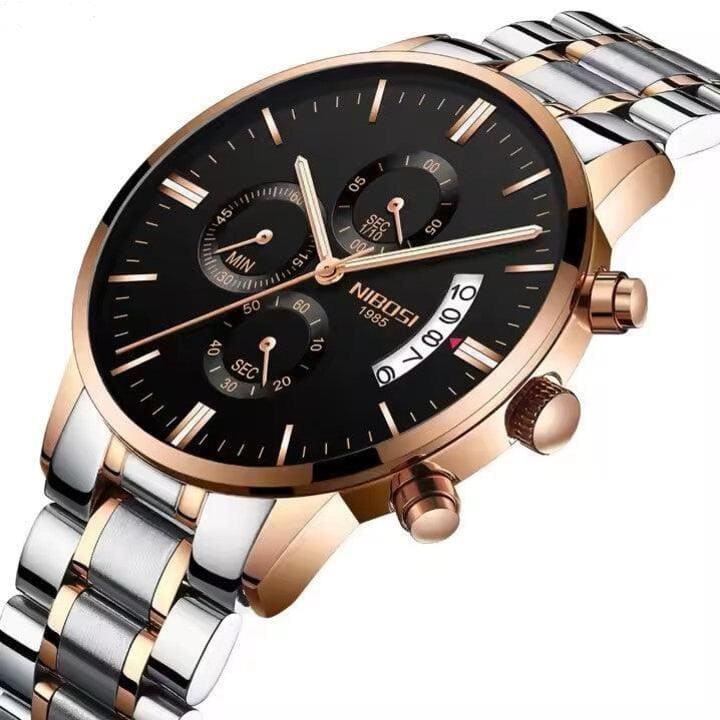 Relógio Nibosi Masculino 2309 Com Pulseira de Aço Inoxidável Prata e Rosê Com Visor Preto