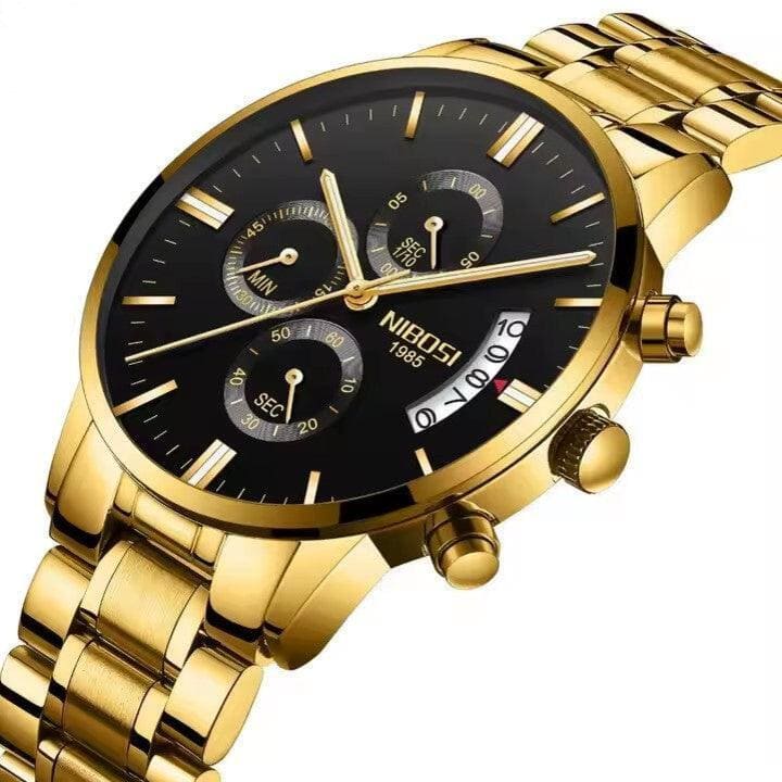 Relógio Nibosi Masculino 2309 Com Pulseira de Aço Inoxidável Prata e Dourado Com Visor Preto
