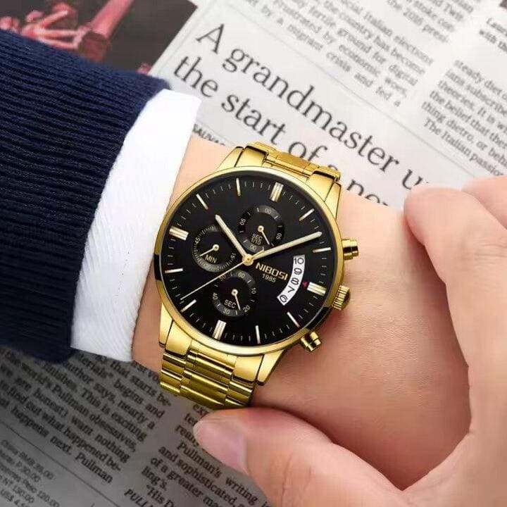 Relógio Nibosi Masculino 2309 Com Pulseira de Aço Inoxidável Prata e Dourado Com Visor Preto