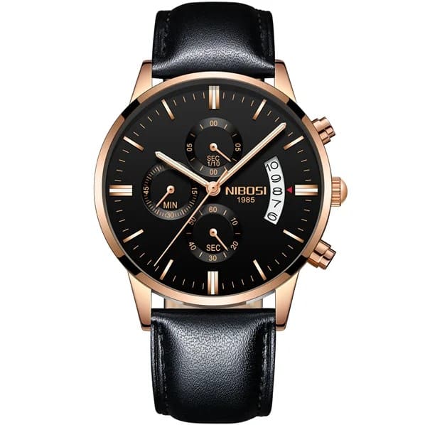 Relógio Social Masculino Nibosi 2309 com pulseira de couro Preta com visor preto