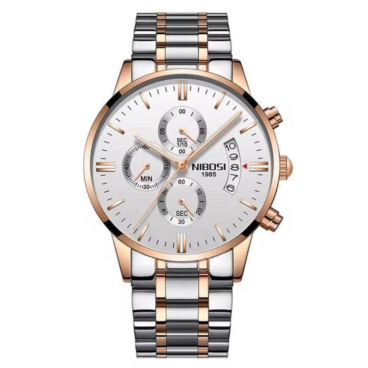 Relógio Nibosi Masculino 2309 Com Pulseira de Aço Inoxidável Prata e Rosê Com Visor Branco