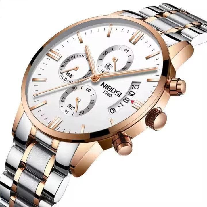 Relógio Nibosi Masculino 2309 Com Pulseira de Aço Inoxidável Prata e Rosê Com Visor Branco