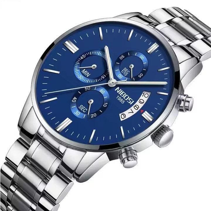Relógio Nibosi Masculino 2309 Com Pulseira de Aço Inoxidável Prata e Visor Azul