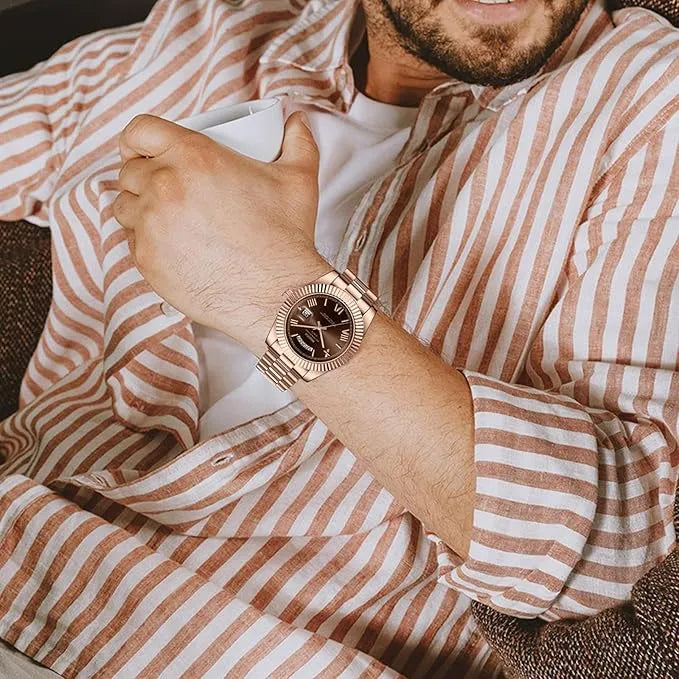 Relógio Nibosi Masculino 2628 Com Pulseira de Aço Inoxidável Rosê Com Visor Marrom