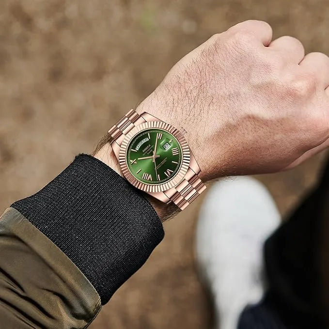 Relógio Nibosi Masculino 2628 Com Pulseira de Aço Inoxidável Rosê Com Visor Verde