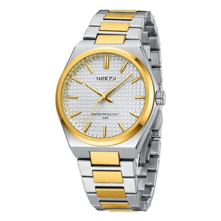 Relógio Nibosi Minimalista Masculino de Aço Inoxidável Prata e Dourado Com Visor Branco