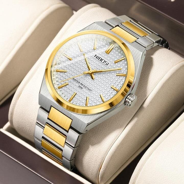 Relógio Nibosi Minimalista Masculino de Aço Inoxidável Prata e Dourado Com Visor Branco