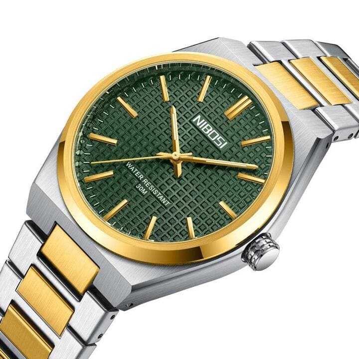 Relógio Nibosi Minimalista Masculino de Aço Inoxidável Prata e Dourado Com Visor Verde