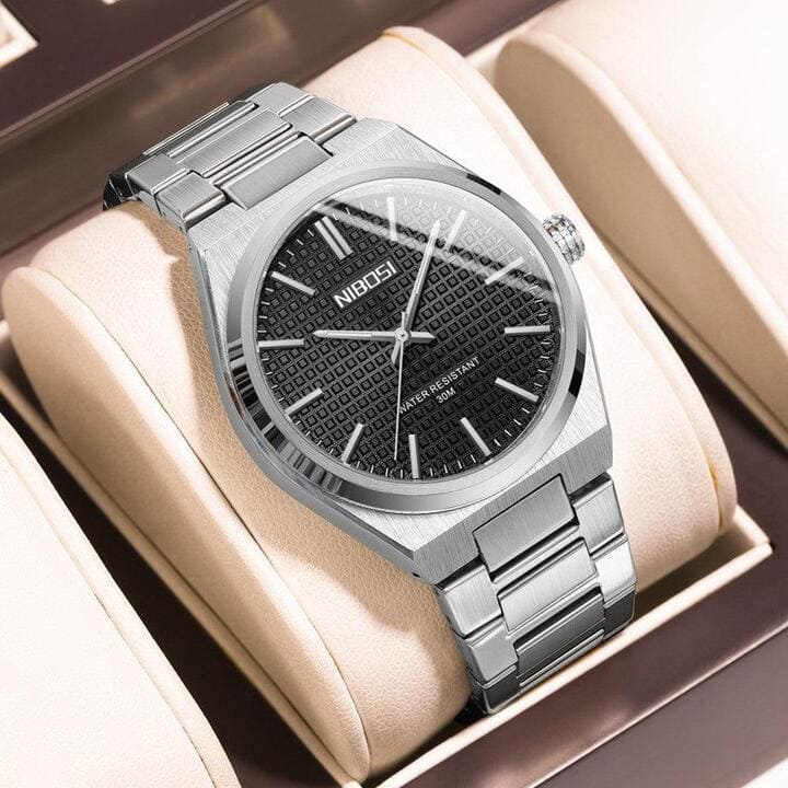 Relógio Nibosi Minimalista Masculino de Aço Inoxidável Prata Com Visor Preto