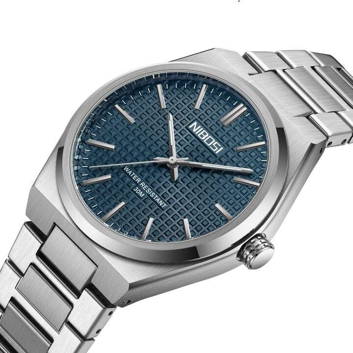 Relógio Nibosi Minimalista Masculino de Aço Inoxidável Prata Com Visor Azul