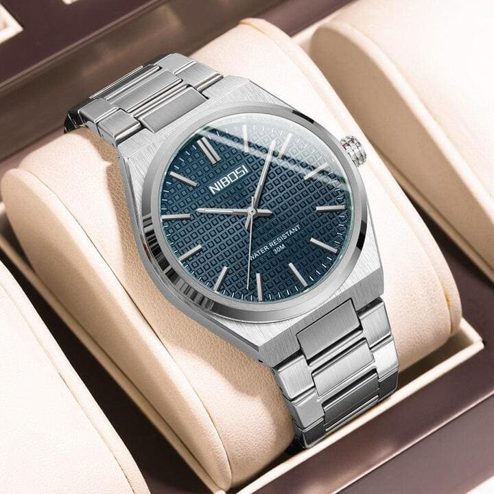 Relógio Nibosi Minimalista Masculino de Aço Inoxidável Prata Com Visor Azul