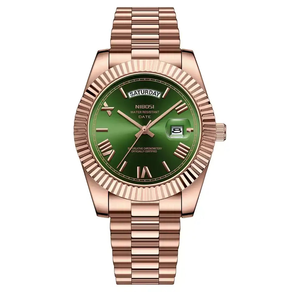 Relógio Nibosi Masculino 2628 Com Pulseira de Aço Inoxidável Rosê Com Visor Verde