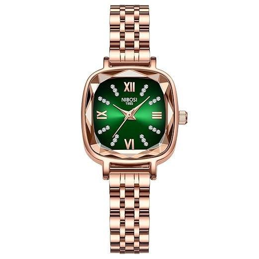 Relógio feminino Nibosi Belle pulseira e caixa rosé com visor verde