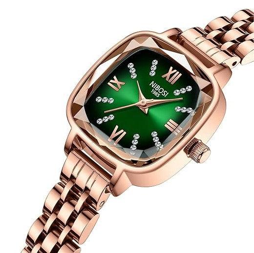 Relógio feminino Nibosi Belle pulseira e caixa rosé com visor verde