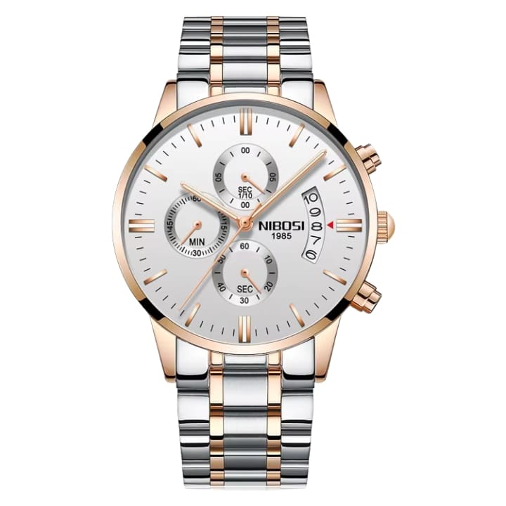 Relógio Nibosi Masculino 2309 Com Pulseira de Aço Inoxidável Prata e Rosê Com Visor Branco