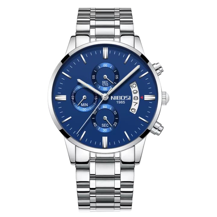 Relógio Nibosi Masculino 2309 Com Pulseira de Aço Inoxidável Prata e Visor Azul