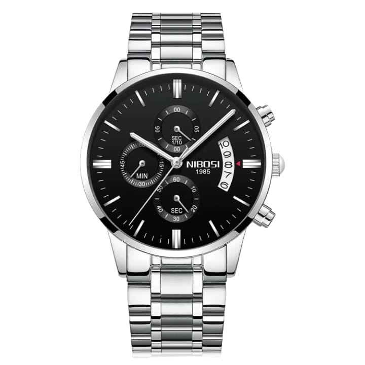 Relógio Nibosi Masculino 2309 Com Pulseira de Aço Inoxidável Prata e Visor Preto