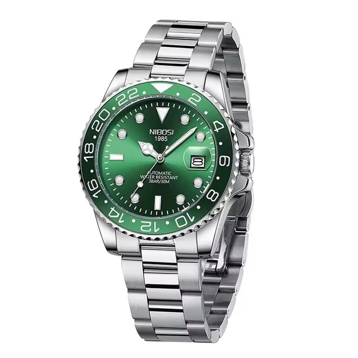 Relógio automático masculino Nibosi Majestic com pulseira em aço inoxidável com visor verde