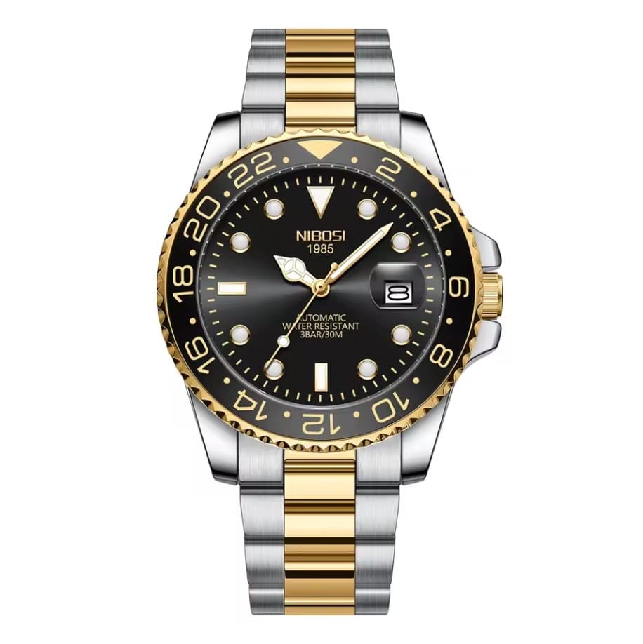 Relógio automático masculino Nibosi Majestic com pulseira em aço inoxidável prata com detalhes em dourado e visor preto
