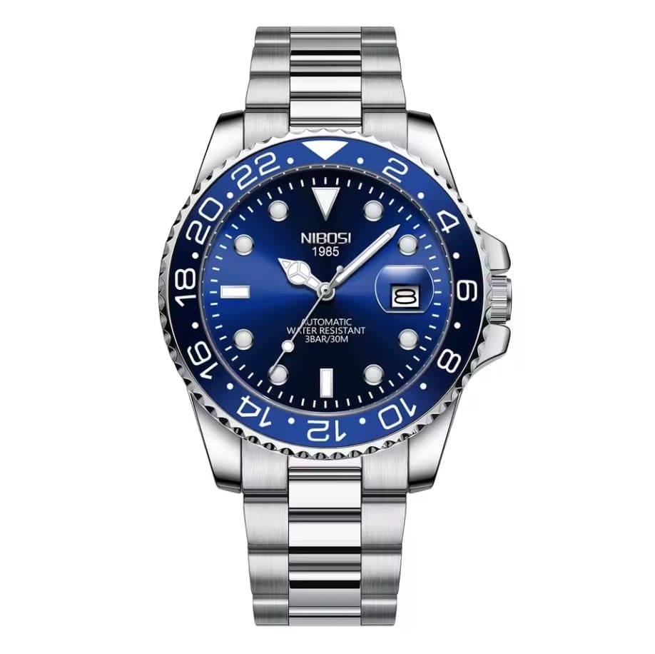 Relógio automático masculino Nibosi Majestic com pulseira em aço inoxidável e visor azul