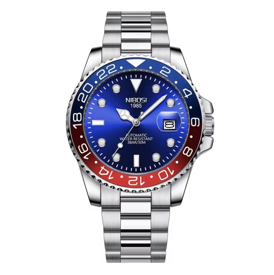 Relógio automático masculino Nibosi Majestic com pulseira em aço inoxidável, caixa azul e vermelha e visor azul