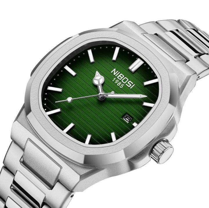 Relógio masculino Nibosi Astronaut 41mm modelo 2632 em aço inoxidável com visor verde