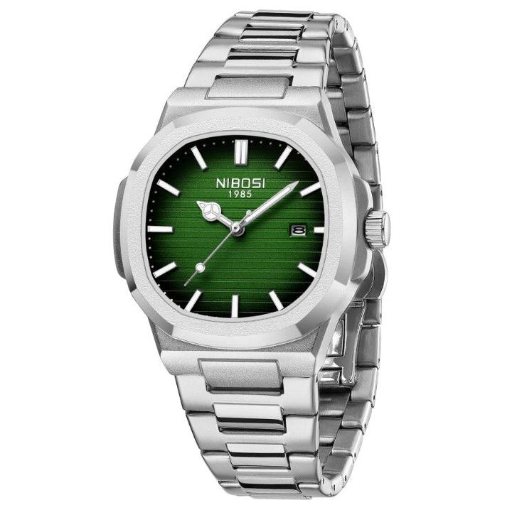 Relógio masculino Nibosi em aço inoxidável com visor verde analógico