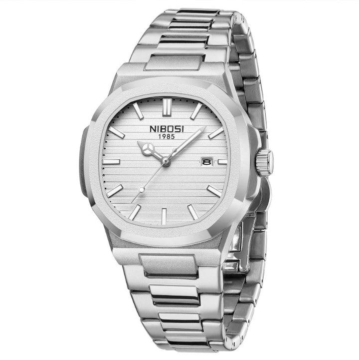 Relógio masculino Nibosi em aço inoxidável com visor branco