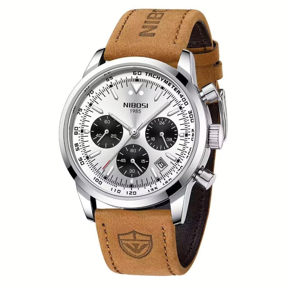 Relógio masculino casual com pulseira de couro e visor branco