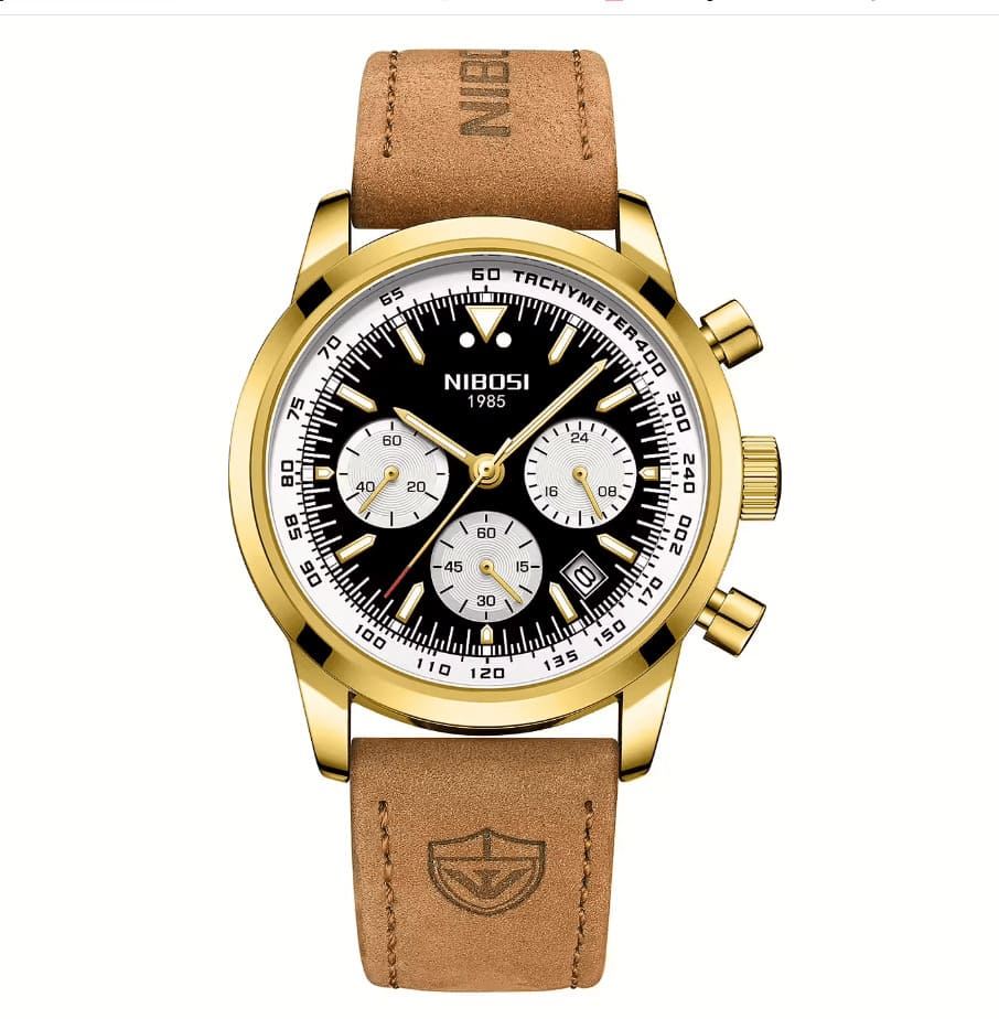Relógio casual masculino Nibosi Altus com pulseira de couro, caixa dourada e visor preto