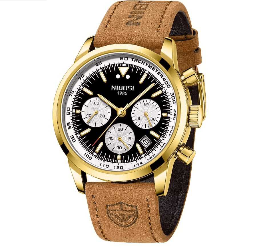Relógio casual masculino Nibosi Altus com pulseira de couro, caixa dourada e visor preto