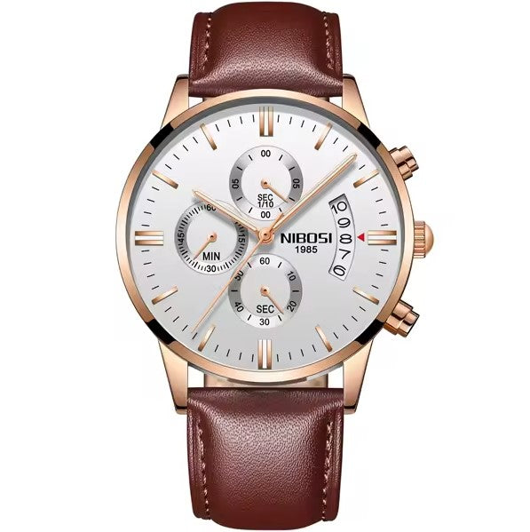 Relógio Social Masculino Nibosi 2309 clássico com pulseira de couro marrom caixa dourada e visor branco