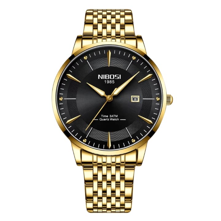 Relógio Nibosi Masculino com pulseira em aço inoxidável dourado com visor preto