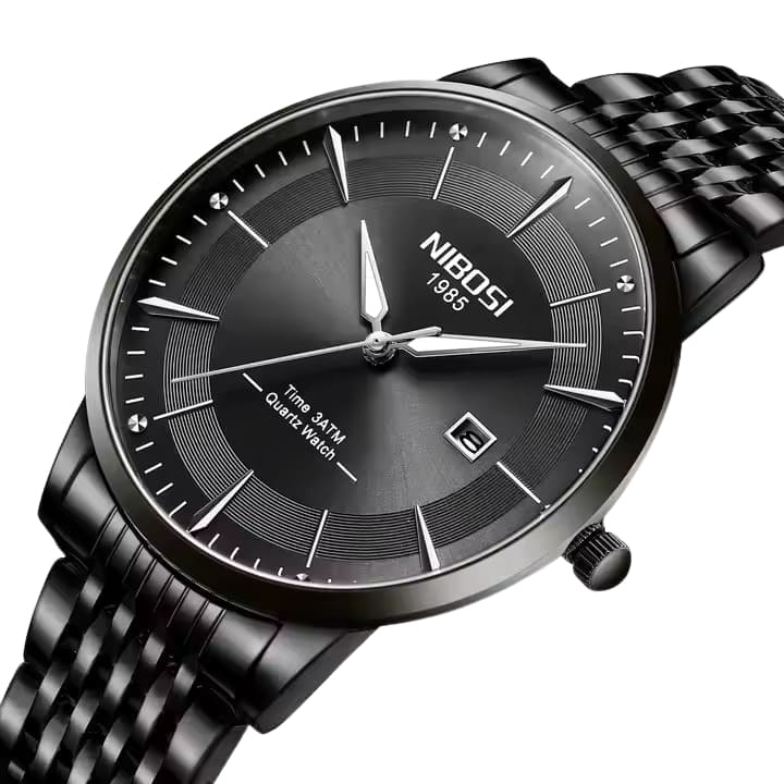 Relógio Nibosi Masculino com pulseira em aço inoxidável preta com visor preto