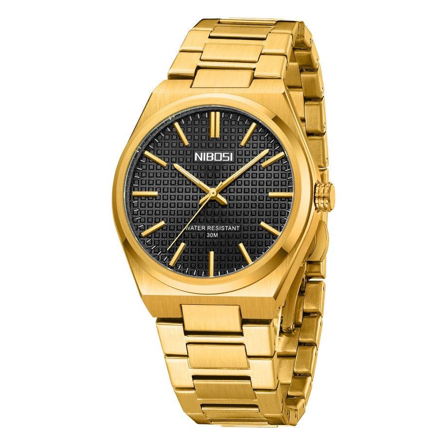Relógio Nibosi minimalista com pulseira em aço inoxidável dourado com visor preto