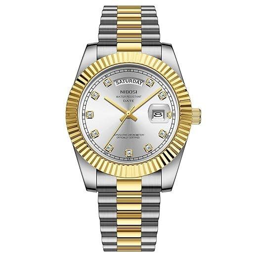 Relógio Nibosi Masculino 2628 Com Pulseira de Aço Inoxidável Prata e Dourado Com Visor Branco