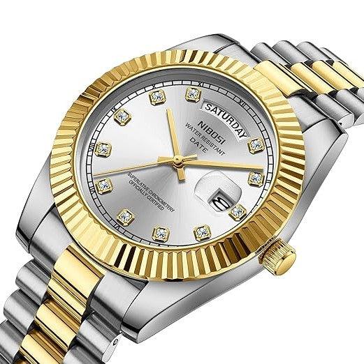 Relógio Nibosi Masculino 2628 Com Pulseira de Aço Inoxidável Prata e Dourado Com Visor Branco