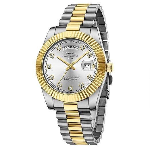 Relógio Nibosi Masculino 2628 Com Pulseira de Aço Inoxidável Prata e Dourado Com Visor Branco