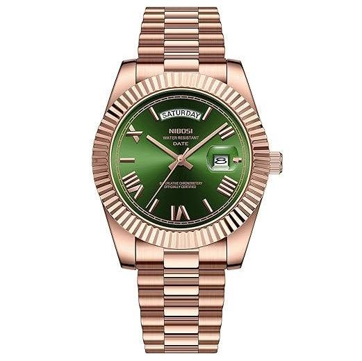 Relógio Nibosi Masculino 2628 Com Pulseira de Aço Inoxidável Rosê Com Visor Verde