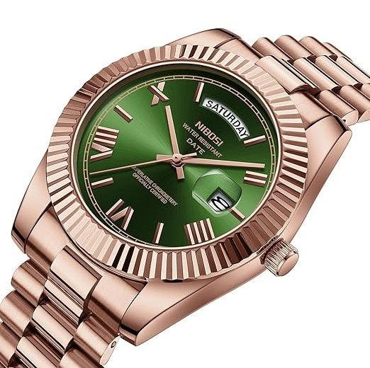 Relógio Nibosi Masculino 2628 Com Pulseira de Aço Inoxidável Rosê Com Visor Verde