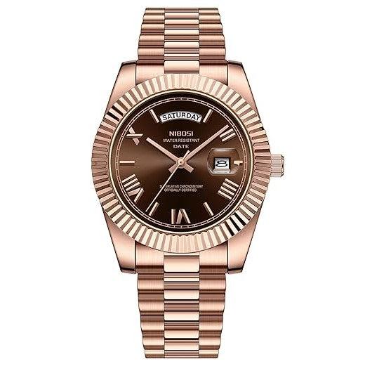 Relógio Nibosi Masculino 2628 Com Pulseira de Aço Inoxidável Rosê Com Visor Marrom