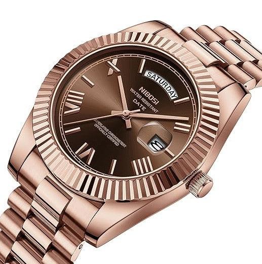 Relógio Nibosi Masculino 2628 Com Pulseira de Aço Inoxidável Rosê Com Visor Marrom